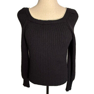 Nanette Lepore Sweater, Sz L, Black w/ Pearl Neckline, Long Sleeves, Square Neck